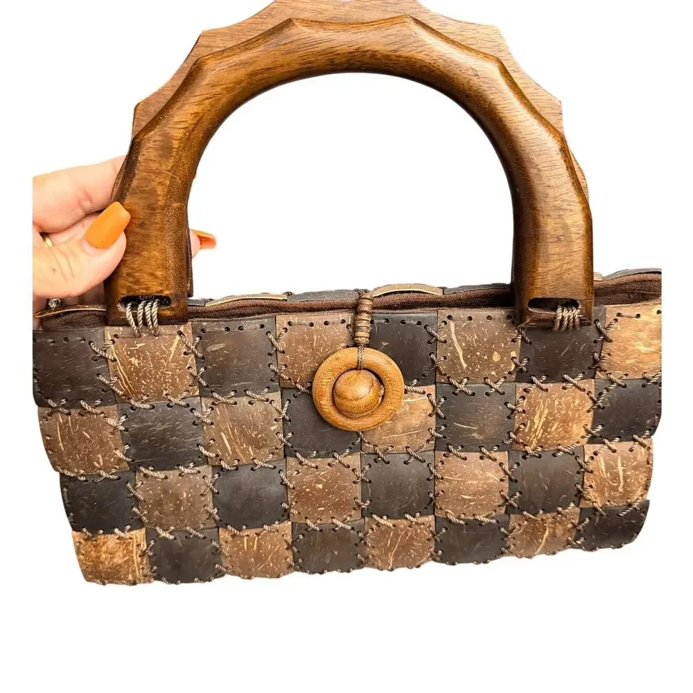 Vintage Thailand Coconut Shell Wood Handle Handbag Boho Patchwork Purse
